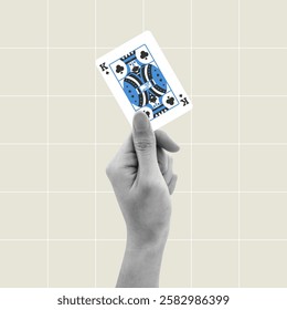 Hand holding king of clubs solitaire playing card. Collage illustration in vector format isolated