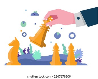 Hand holding king while playing chess. Business competition and strategy concept. Flat illustration vector design