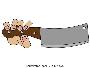 Hand holding kitchen hatchet, isolated on white background in cartoon style in vector graphic