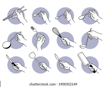 Hand holding kitchen utensils   cooking tools  Vector illustrations hand holding chopsticks  spoon  fork  whisk  knife    spatula  