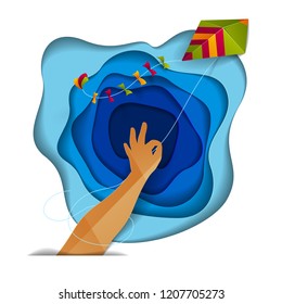 Hand holding kite over abstract curve shapes of blue layers sky, freedom and easiness emotional concept, vector modern style paper cut 3d illustration.