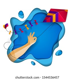 Hand holding kite over abstract curve shapes of blue layers sky, freedom and easiness emotional concept, vector modern style paper cut 3d illustration.