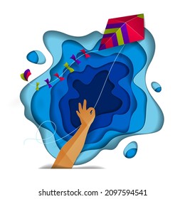 Mano sosteniendo cometas sobre formas de curva abstracta del cielo de las capas azules, concepto emocional de libertad y facilidad, papel de estilo moderno vector corte 3d ilustración.