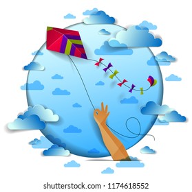 Hand holding kite over cloudy sky, freedom and easiness emotional concept, vector modern style paper cut 3d illustration.