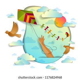 Mano sosteniendo cometas sobre pájaros celestes nublados volando y soleado, concepto emocional de libertad y sencillez, vectorial de estilo moderno de papel cortado 3d ilustración.