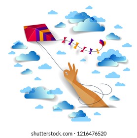 Hand holding kite over cloudy sky, freedom and easiness emotional concept, vector modern style paper cut 3d illustration.