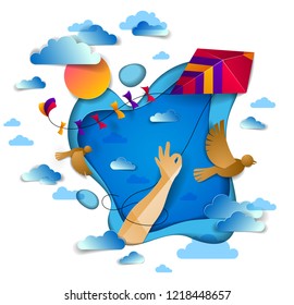 Hand holding kite over cloudy sky birds flying and sun, freedom and easiness emotional concept, vector modern style paper cut 3d illustration.