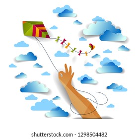 Hand holding kite over cloudy sky, freedom and easiness emotional concept, vector modern style paper cut 3d illustration.