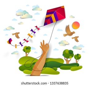 Hand holding kite over cloudy sky birds flying and sun, meadows and trees scenic nature landscape, freedom and easiness emotional concept, vector modern style paper cut 3d illustration.