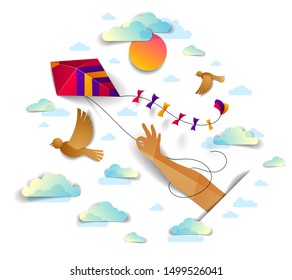 Hand holding kite over cloudy sky birds flying and sun, freedom and easiness emotional concept, vector modern style paper cut 3d illustration.