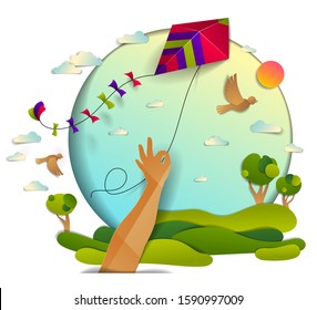Hand holding kite over cloudy sky birds flying and sun, meadows and trees scenic nature landscape, freedom and easiness emotional concept, vector modern style paper cut 3d illustration.