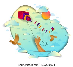 Mano sosteniendo cometas sobre pájaros celestes nublados volando y soleado, concepto emocional de libertad y sencillez, vectorial de estilo moderno de papel cortado 3d ilustración.