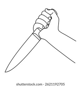 Hand, die Messer in Angriffsposition hält, umreißt Vektorgrafik. Schwarz-weiße Vektorgrafik, die eine menschliche Hand zeigt, die ein großes Küchenmesser in Angriffsposition hält.