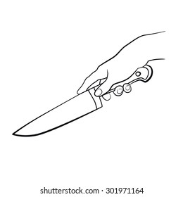Hand holding knife icon. Kitchen tools. Outline cooking gesture. Hand isolated on white background.