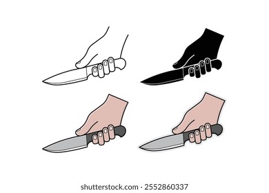 Hand holding a knife in line, silhouette, cartoon and sticker styles.