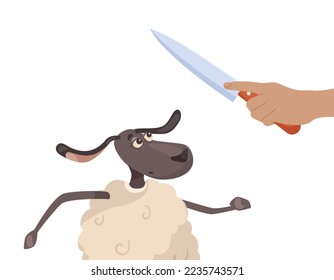 Hand holding knife next to comic sheep vector illustration  Cartoon drawing domestic animal character looking at knife isolated white background  Food  farming  livestock concept