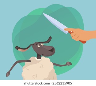 Hand holding knife next to comic sheep vector illustration. Cartoon drawing of domestic animal character looking at knife on abstract background. Food, farming, livestock concept