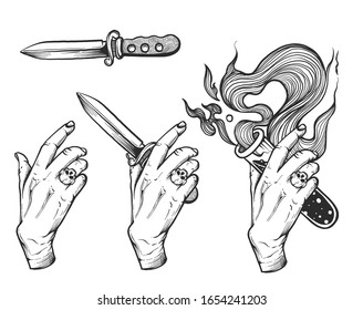 Hand holding a knife and potion