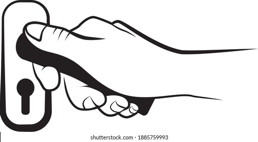 A Hand Holding A Knob To Open A Door And Exit. A Stroke Line On White Background Vector Illustration, Can Be Used As Icon, Symbol Or Logo.