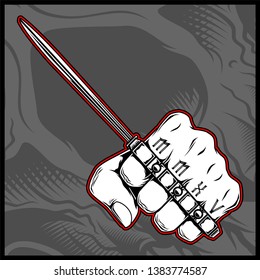 hand holding a knuckle knife hand drawing vector