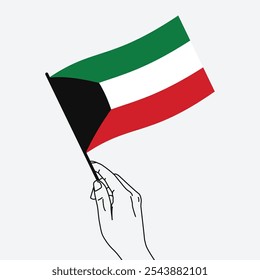 Hand holding Kuwait flag in line art drawing style. Kuwait hand Flag waving. Vector illustration