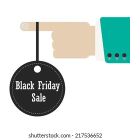 hand holding label of black friday. concept of annual big sales. isolated on white background. flat design style modern vector illustration
