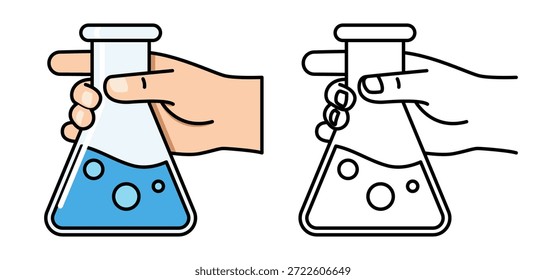 Hand holding laboratory flask icon set in color and outline style