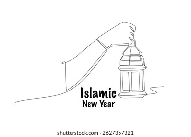 Hand holding a lantern. Islamic new year concept one-line drawing