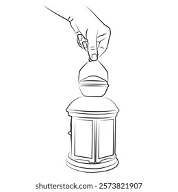 Hand holding lantern sketch, vector illustration