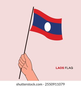 Hand holding Laos flag in line art drawing style. Laos hand Flag waving. Vector illustration