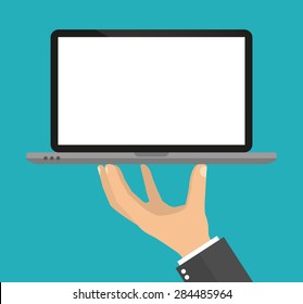 Hand holding laptop with blank screen - flat style