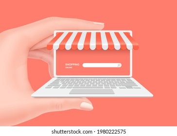 hand holding laptop computer shop and all object on pastel pink background for shopping online concept,vector 3d isolated for shopping on application,vector for advertising design