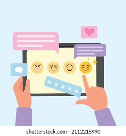 Hand holding laptop and show a feedback with smiley face emotion for a satisfaction survey, Customer experience concept. people character vector design.