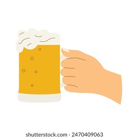 hand holding large beer with foam- vector illustration