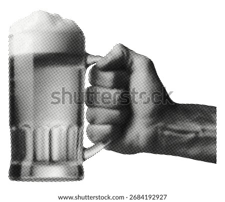 hand holding large beer mug filled with frothy beer foamy head isolated on white background halftone dots texture cut-out retro collage element for mixed media vintage pub Oktoberfest vibe design