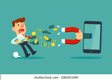 Hand holding large magnet from smart phone screen attract money from a businessman. Business concept.