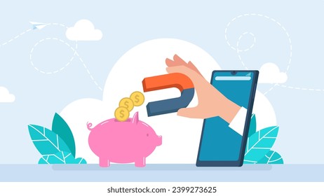 Las manos con un imán grande de un smartphone atraen dinero de un banco de cerdos. Pérdida de dinero, deuda financiera, crecimiento de gastos, crisis económica, gestión presupuestaria, menos ingresos, pago de crédito. Ilustración del vector