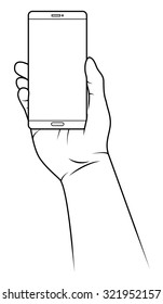 Hand holding a large smartphone / phablet facing flat on.