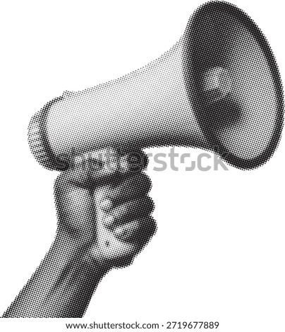 Hand holding a large white megaphone for making public announcements or directing large crowds effectively
