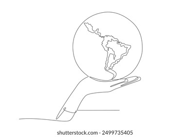 Hand holding latin america map globe. Latin america concept one-line drawing