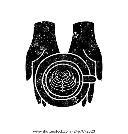 Hand holding latte art coffee cup black hand drawn icon in grunge look