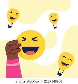 Hand holding laughing emoticon. International day of happiness vector illustration background.