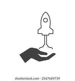 Hand holding a launching rocket symbolizes growth  progress. Ideal for business concepts, innovation and success themes in design projects.