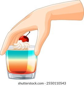 Hand holding a layered cocktail with cherry