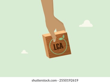 Hand Holding LCA Wooden Block - Sustainable Concept. hand holds a wooden block with the letters "LCA" and green leaves, symbolizing Life Cycle Assessment and sustainability. Vector illustration