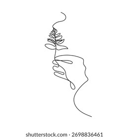 Mano sosteniendo una hoja. Línea continua botánica y Ilustración vectorial de la naturaleza que simboliza la naturaleza, el crecimiento, la vida ecológica, la atención plena y la sostenibilidad.