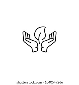 Hand holding leaf, eco, go vegan, ecology concept 
simple thin line icon vector illustration