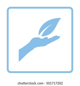 Hand holding leaf icon. Blue frame design. Vector illustration.
