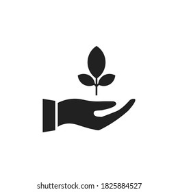 Hand holding leaf icon. Brunch tree and human arm black outline. Vector illustration isolated on white. Ecology symbol. Nature protection concept.