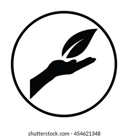 Hand holding leaf icon. Thin circle design. Vector illustration.